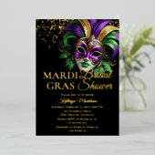 Elegant Masquerade Mask Mardi Gras Bridal Shower Folieneinladung (Stehend vorne)