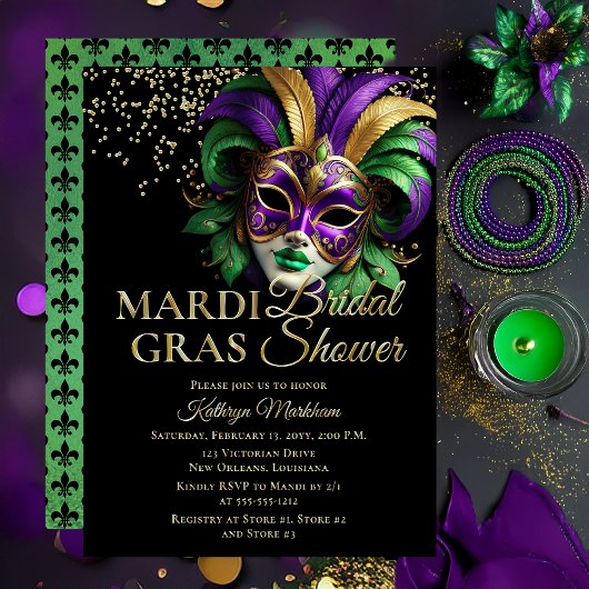 Elegant Masquerade Mask Mardi Gras Bridal Shower Folieneinladung