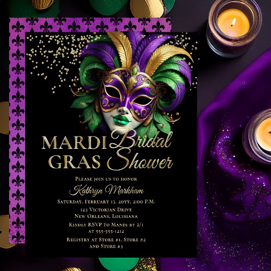 Elegant Masquerade Mask Mardi Gras Bridal Shower Folieneinladung