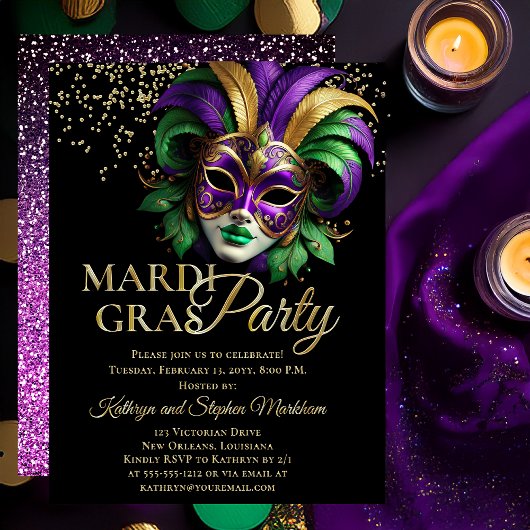 Elegant Masquerade Mask Mardi Gras Party Folieneinladung