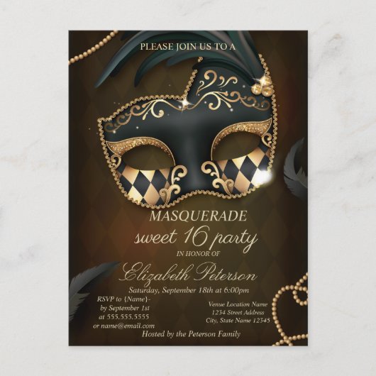 Elegant Masquerade Sweet 16 Einladungspostkarte (Vorderseite)