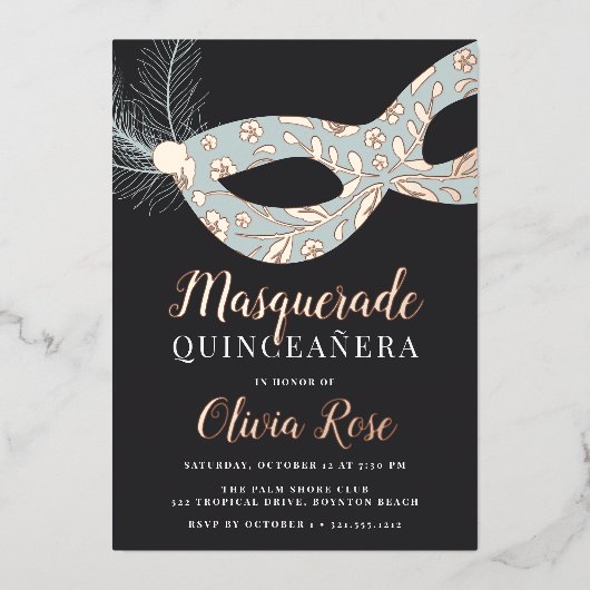 Elegant Masquerade Theme Quinceanera Folieneinladung (Vorderseite)