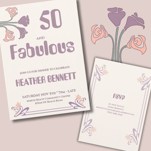 Elegant Mauve Art Nouveau Fabulous 50 Birthday Einladung