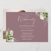 Elegant Mauve Blumengrün Foto Hochzeit Einladung (Vorne/Hinten)