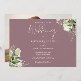 Elegant Mauve Blumengrün Foto Hochzeit Einladung