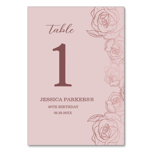 Elegant Mauve Floral Geburtstagsparty Tischnummer (Vorderseite)
