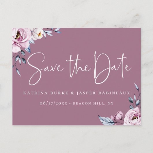 Elegant Mauve Floral Save the Date Ankündigungspostkarte (Vorderseite)