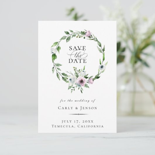 Elegant Mauve Floral Wreath Save the Date Ankündigung (Stehend Vorderseite)
