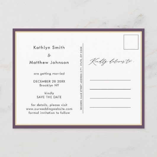Elegant Mauve Moderne SkriptWedding Save the Date Ankündigungspostkarte (Rückseite)