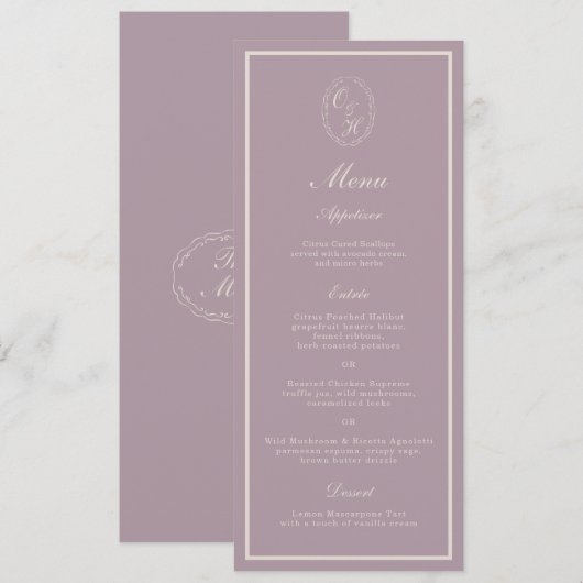 Elegant Mauve Monogram Wedding Long Menu Einladung (Vorne/Hinten)