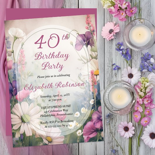 Elegant Mauve | Multi 40th Birthday Party Floral Einladung