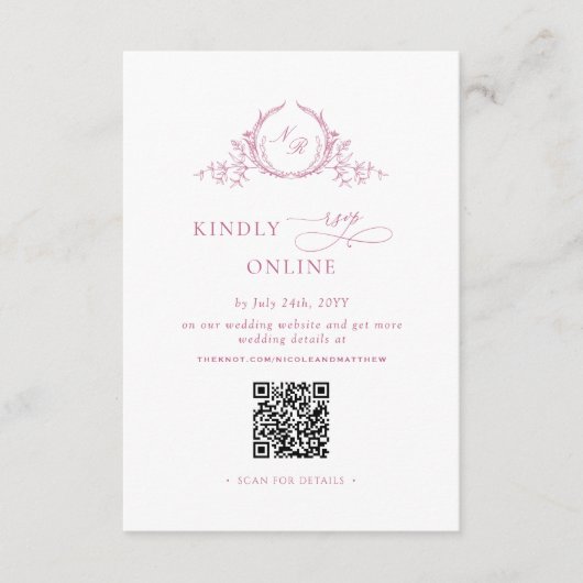 Elegant Mauve Pink Monogram QR Code Wedding RSVP Begleitkarte (Vorderseite)