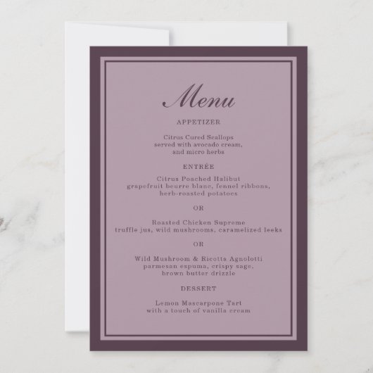 Elegant Mauve Plum Wedding Dinner Menu Card Einladung (Vorderseite)