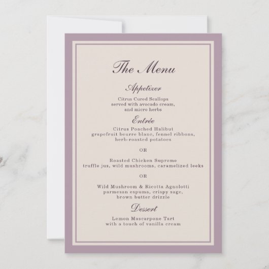 Elegant Mauve Plum Wedding Menu Card Einladung (Vorderseite)