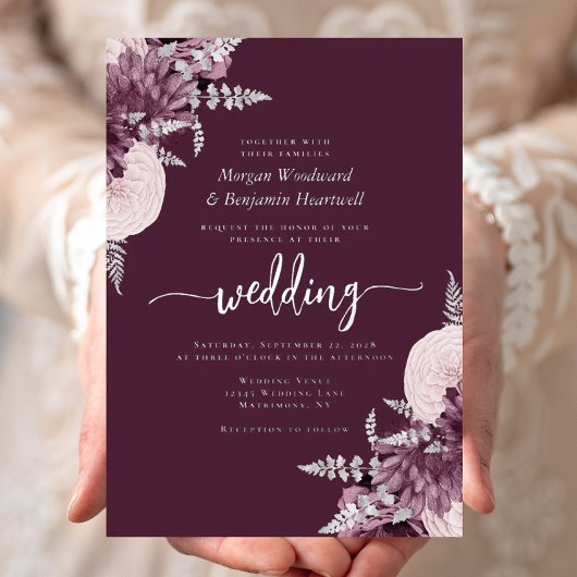 Elegant Mauve Silver Floral Wedding Folieneinladung