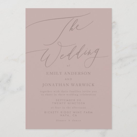 Elegant Mauve Taupe Calligraphy The Wedding Einladung (Vorderseite)