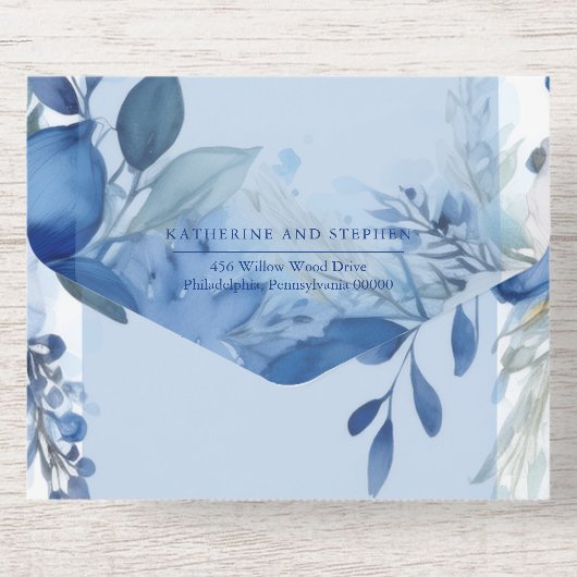 Elegant Maximalist Blue Floral Wedding All-in-One-Einladung (Rückseite)