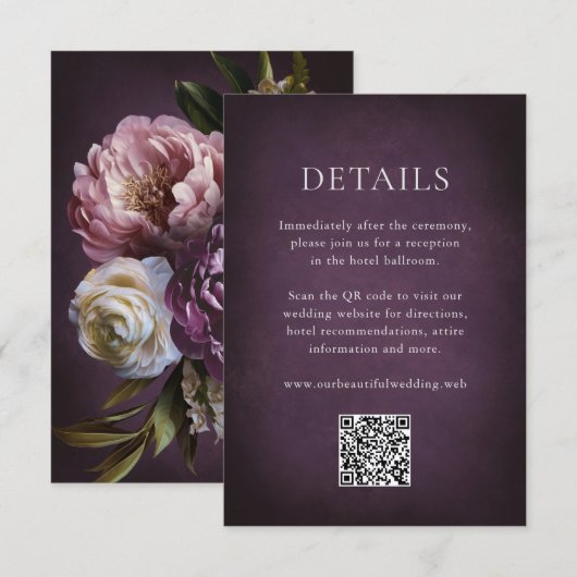Elegant Maximalist Purple Floral QR Code Wedding Begleitkarte (Vorne/Hinten)