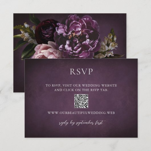 Elegant Maximalist Purple Floral QR Code Wedding RSVP Karte (Vorne/Hinten)