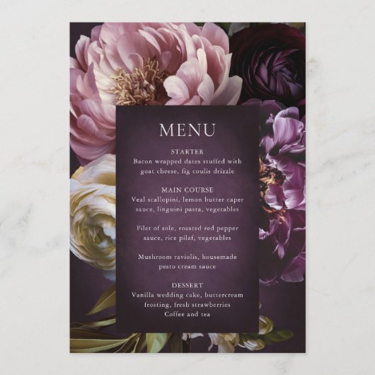 Elegant Maximalist Purple Floral Wedding Menükarte (Vorderseite)