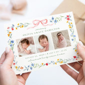 Elegant Meadow Blooms Pink Bow 3 Foto Birth Ankündigung