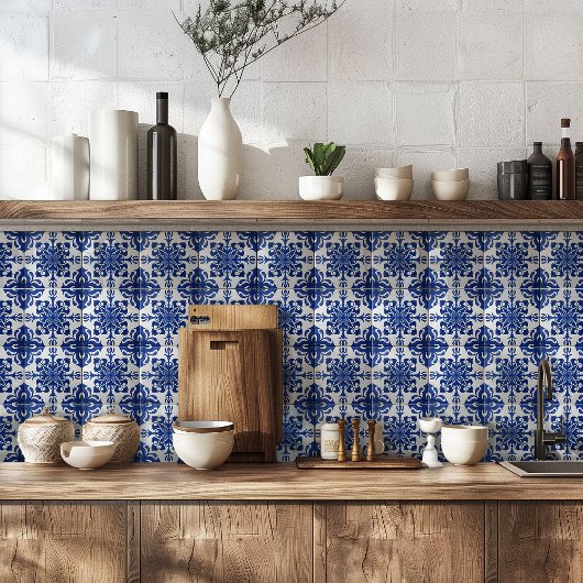 Elegant Mediterranean Navy Blue White Pattern Fliese