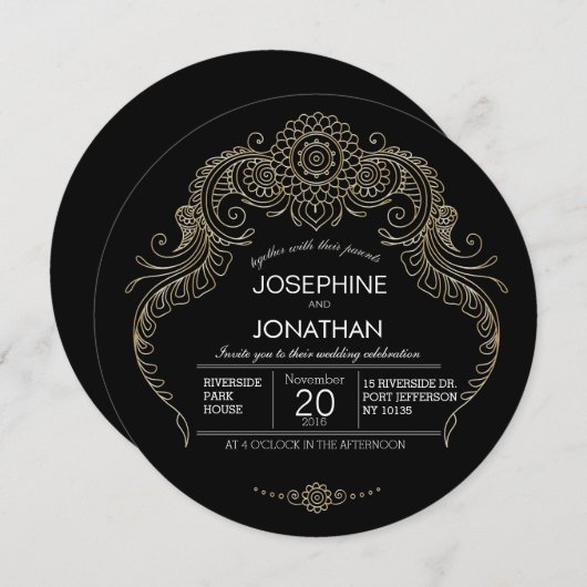 Elegant Mehndi Design Hochzeit Einladung schwarz (Vorne/Hinten)