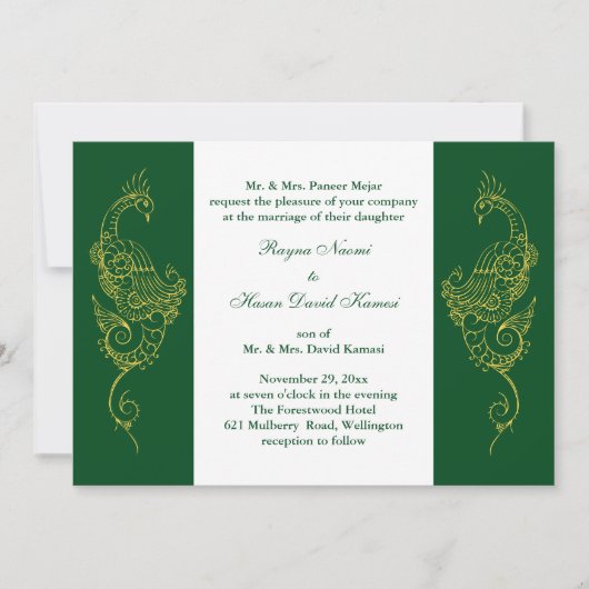Elegant Mehndi Peacock Wedding Invite Green White Einladung (Vorderseite)