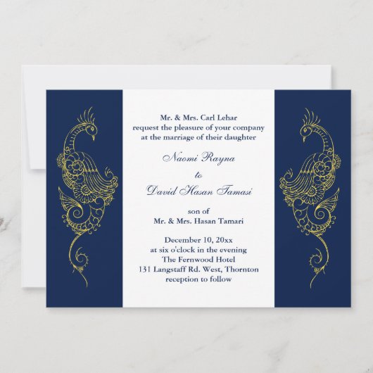 Elegant Mehndi Peacock Wedding Invite Navy & White Einladung (Vorderseite)
