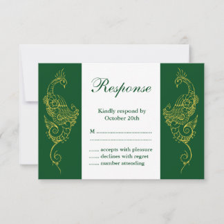 Elegant Mehndi Peacock Wedding RSVP Green White Karte