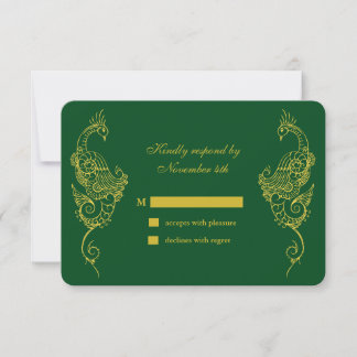 Elegant Mehndi Peacock Wedding RSVP - grün Karte