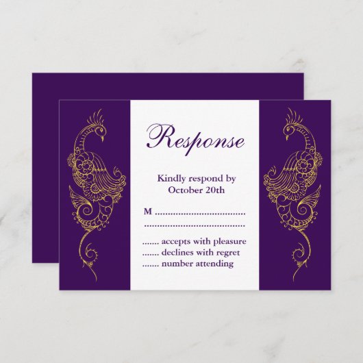 Elegant Mehndi Peacock Wedding RSVP Lila White (Vorne/Hinten)