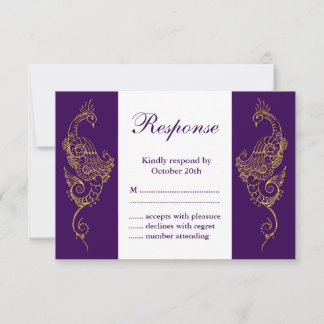 Elegant Mehndi Peacock Wedding RSVP Lila White Karte