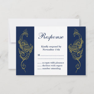 Elegant Mehndi Peacock Wedding RSVP - Navy & White Karte