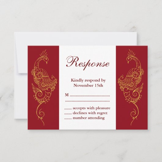 Elegant Mehndi Peacock Wedding RSVP - Red & White (Vorderseite)