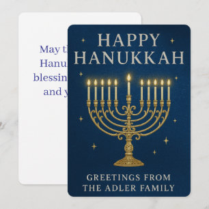 Elegant Menorah, Stars & Royal Blue Hanukkah Feiertagskarte