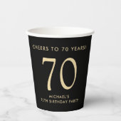 Elegant Mens Black Gold 70th Birthday Party Pappbecher (Vorderseite)
