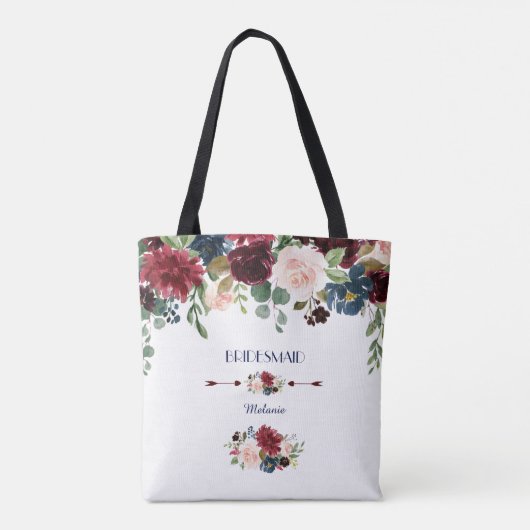 Elegant Merlot Navy Blue Floral Bridesmaid Tasche (Rückseite)