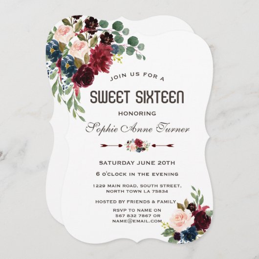 Elegant Merlot Navy Blue Floral Sweet 16 Einladung (Vorne/Hinten)