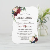 Elegant Merlot Navy Blue Floral Sweet 16 Einladung (Stehend Vorderseite)