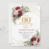 Elegant Merlot Rose Gold 90th Birthday Invite Einladung (Vorderseite)
