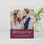 Elegant Merlot Script Wedding Foto Empfang Einladung (Stehend Vorderseite)