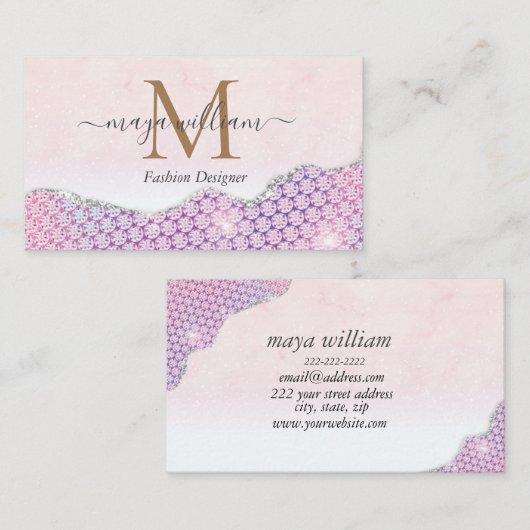 Elegant Mermaid Edges Pink Glitzer Agate Telefonnummerkarte (Vorne/Hinten)