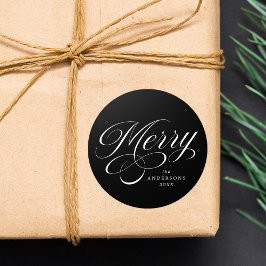 Elegant Merry Calligraphy Script Black Holiday Runder Aufkleber