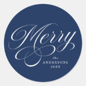 Elegant Merry Calligraphy Script Navy Holiday Runder Aufkleber (Vorderseite)