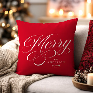Elegant Merry Calligraphy Script Red Holiday Kissen