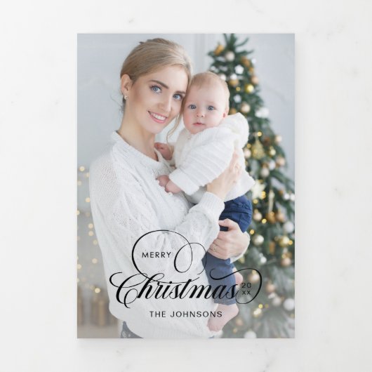 Elegant Merry Christmas Calligraphy 1-Foto Dreifach Gefaltete Urlaubskarte (Cover)