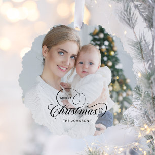 Elegant Merry Christmas Calligraphy 1-Foto Ornament Karte