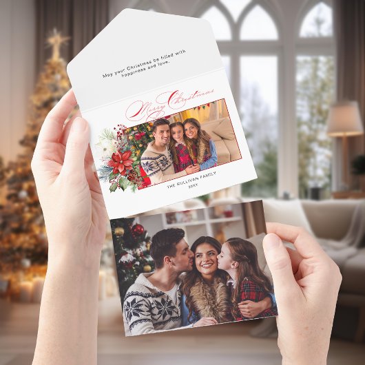 Elegant Merry Christmas Calligraphy Floral Foto All In One Einladung