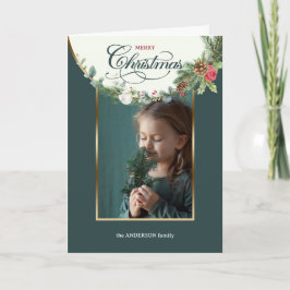 Elegant Merry Christmas Calligraphy Floral Foto Feiertagskarte